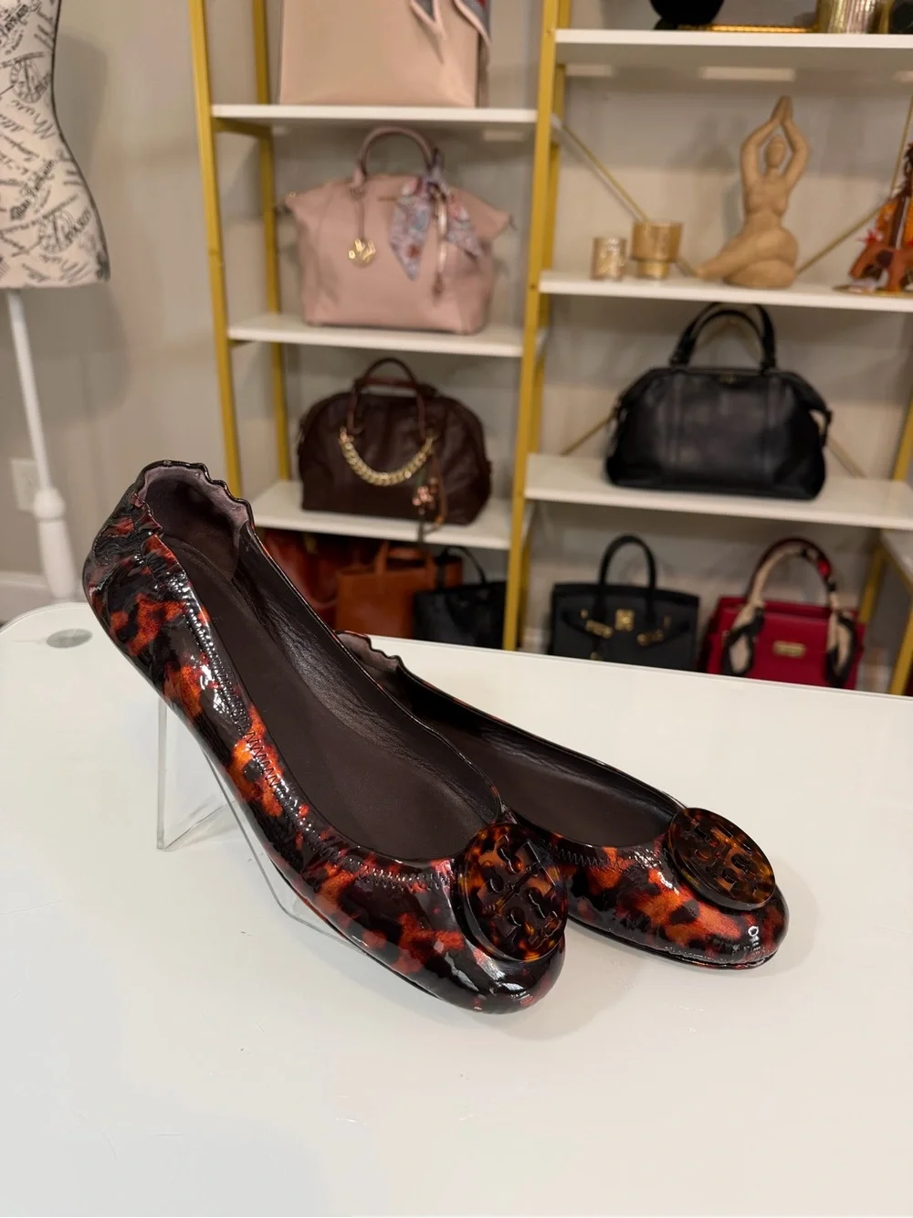Tory Burch Tortoiseshell Patent Reva Ballet Flats - Brown/Black/Amber Sz 8.5